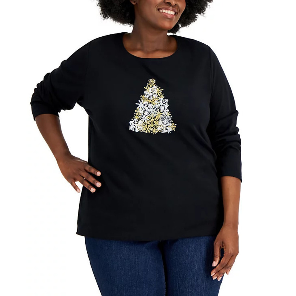 Karen Scott Plus Black Snowflake Tee - Plus Size Christmas Top